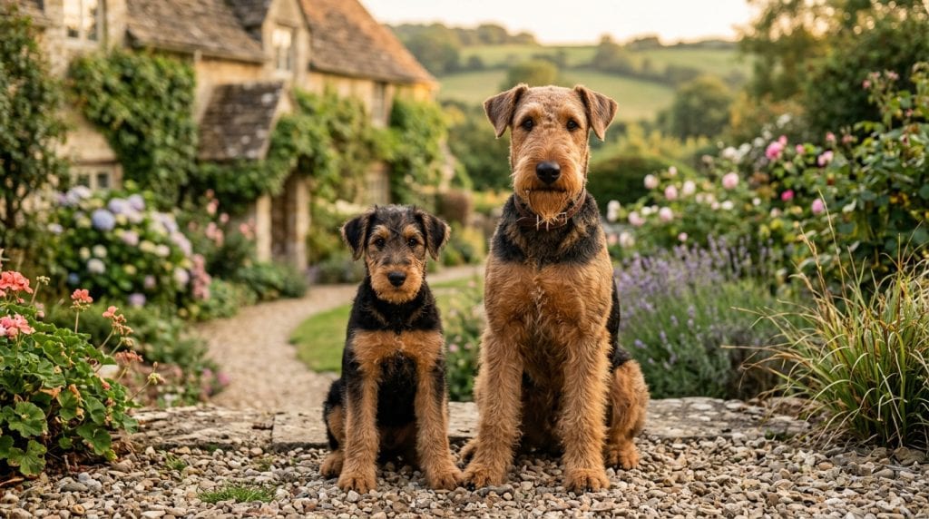 Adult Airedale Terrier and Airedale Terrier puppy sitting together in a beautiful English cottage garden with flowers, stone paths, and countryside scenery in the background. The adult dog has a wiry tan-and-black coat, long rectangular face, folded ears, and a distinct beard, while the puppy sits on the left with softer scruffy fur and matching terrier features in warm natural daylight.