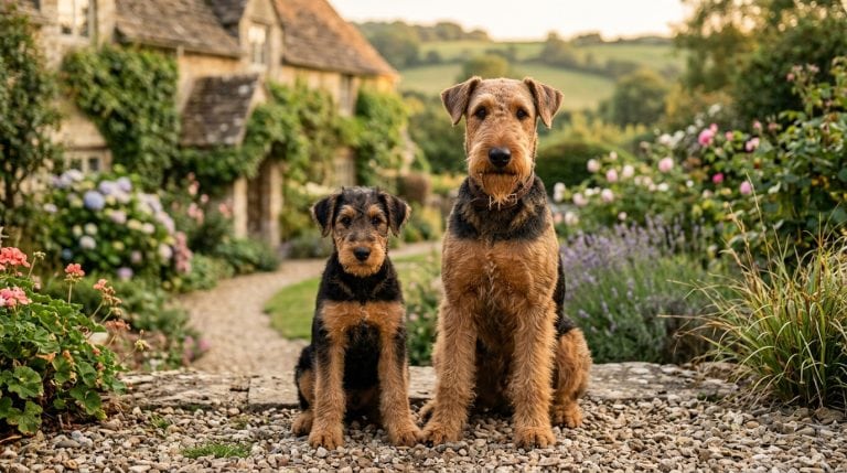 Adult Airedale Terrier and Airedale Terrier puppy sitting together in a beautiful English cottage garden with flowers, stone paths, and countryside scenery in the background. The adult dog has a wiry tan-and-black coat, long rectangular face, folded ears, and a distinct beard, while the puppy sits on the left with softer scruffy fur and matching terrier features in warm natural daylight.