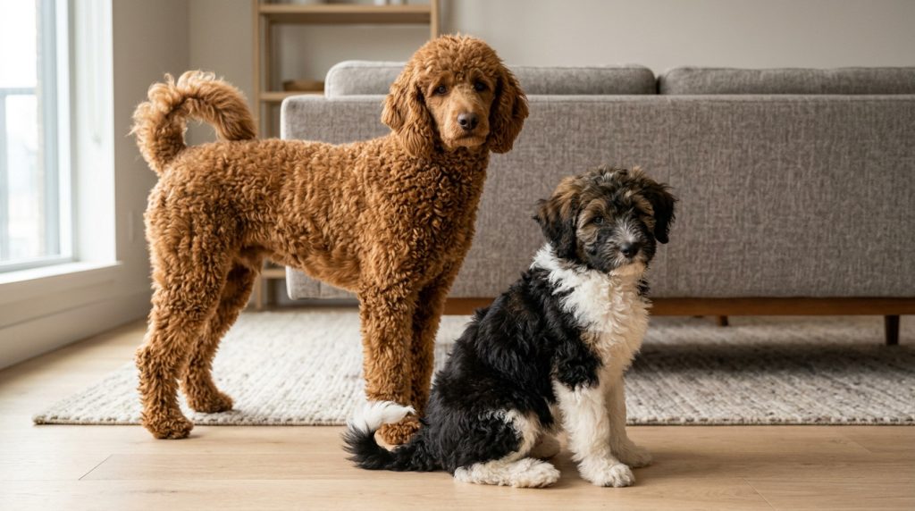 Adult red Akipoo dog standing beside a black and white Akipoo puppy in a modern living room with wooden flooring and a grey sofa.