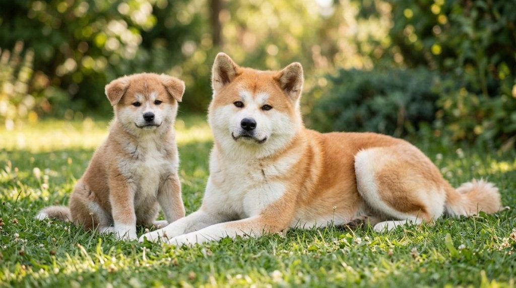 Adult Akita lying on grass beside an Akita puppy in a natural outdoor setting.