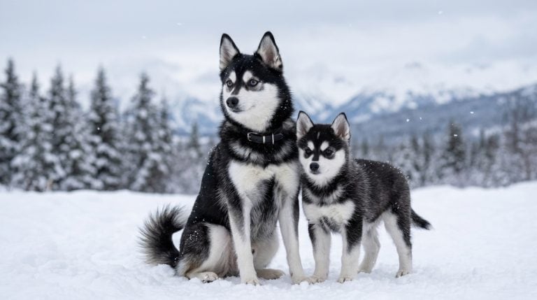 Adult black and white Alaskan Klee Kai sitting beside a smaller Alaskan Klee Kai puppy in a snowy northern mountain landscape with pine trees.