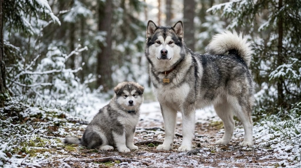 Large Alaskan Malamute standing beside its fluffy Malamute puppy in a lightly snow-covered forest, both with thick gray and white coats, broad heads, and calm, powerful expressions.