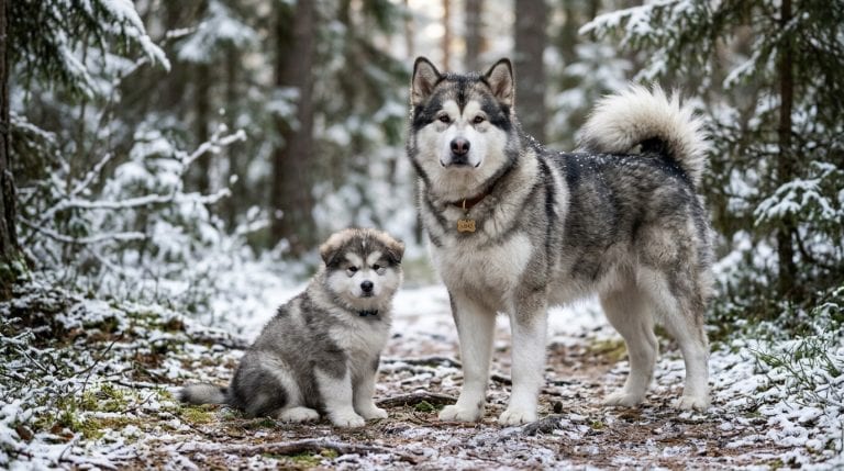 Large Alaskan Malamute standing beside its fluffy Malamute puppy in a lightly snow-covered forest, both with thick gray and white coats, broad heads, and calm, powerful expressions.
