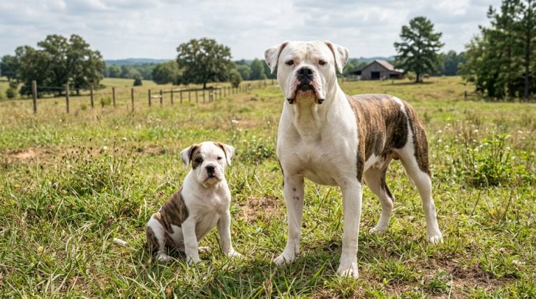 Adult American Bulldog with an American Bulldog puppy sitting together in a natural grassy outdoor setting looking toward the camera.