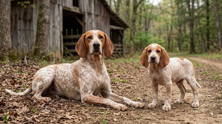 Adult American English Coonhound lying beside a young redtick puppy near a woodland barn.
