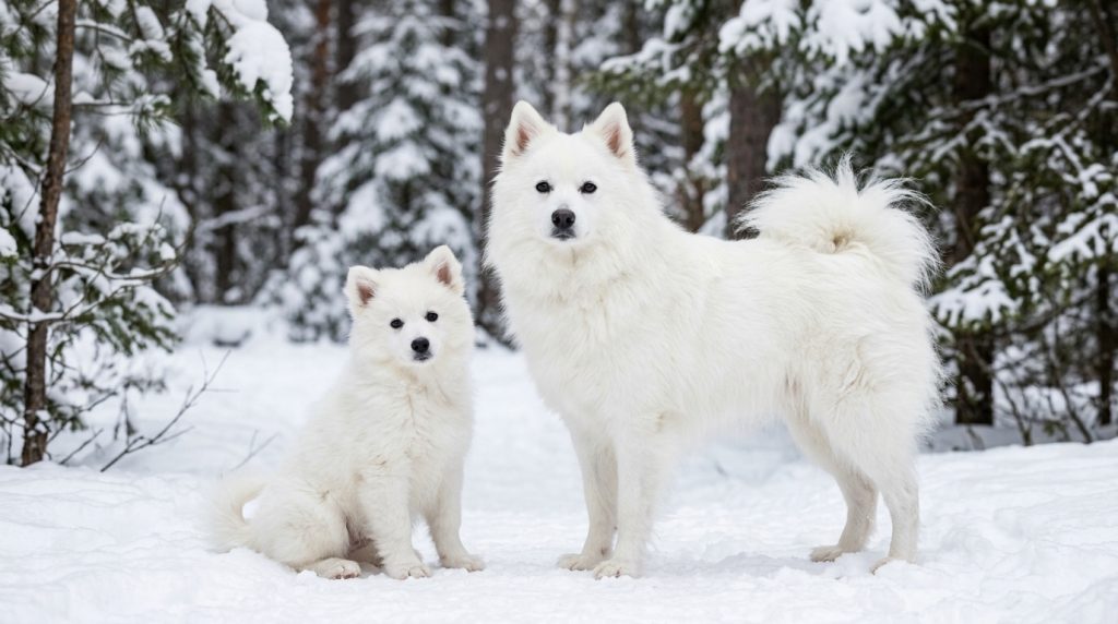 Adult American Eskimo Dog and American Eskimo Dog puppy standing together in a snowy woodland landscape with a dense white coat and classic spitz features.