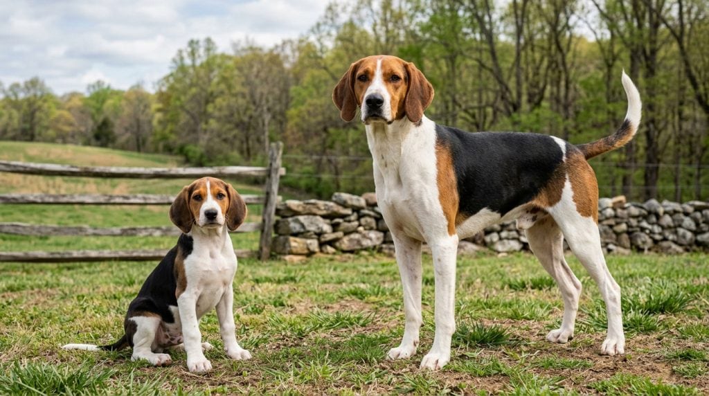 American Foxhound standing beside a young tricolour puppy in open countryside.