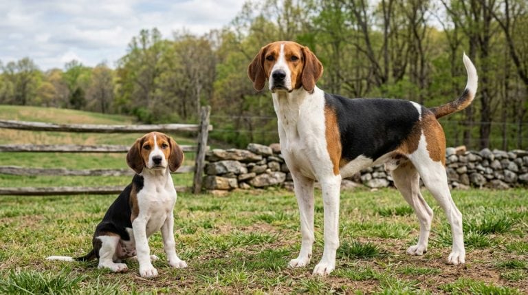 American Foxhound standing beside a young tricolour puppy in open countryside.