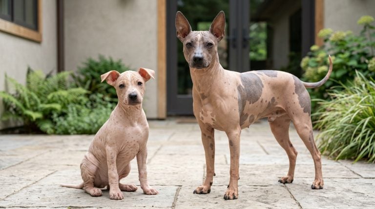 Adult American Hairless Terrier standing beside a young hairless puppy in a modern courtyard.