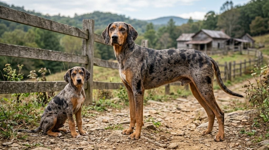 Adult American Leopard Hound and puppy standing on a rocky trail beside rustic fencing and a Southern homestead, showcasing the breed's distinctive leopard-patterned coat and athletic hound build.