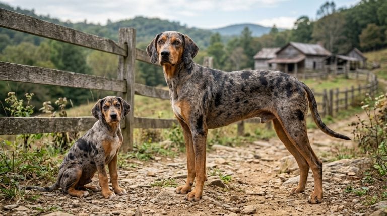 Adult American Leopard Hound and puppy standing on a rocky trail beside rustic fencing and a Southern homestead, showcasing the breed's distinctive leopard-patterned coat and athletic hound build.