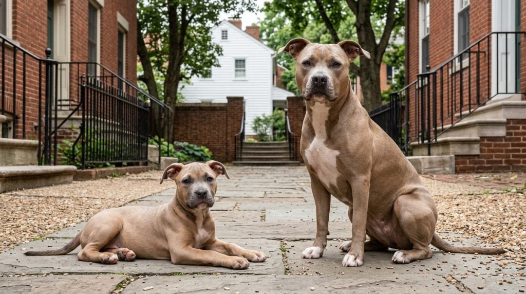 Adult fawn American Staffordshire Terrier sitting beside a relaxed young puppy in a historic American courtyard.