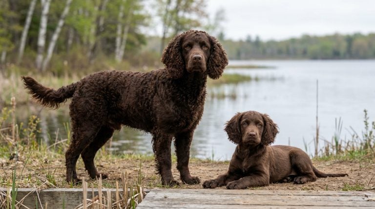 Adult chocolate American Water Spaniel standing beside a young puppy on the edge of a Wisconsin lake.