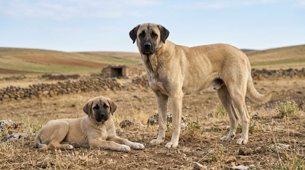 Adult Anatolian Shepherd Dog standing beside a young puppy in a dry rural Anatolian landscape