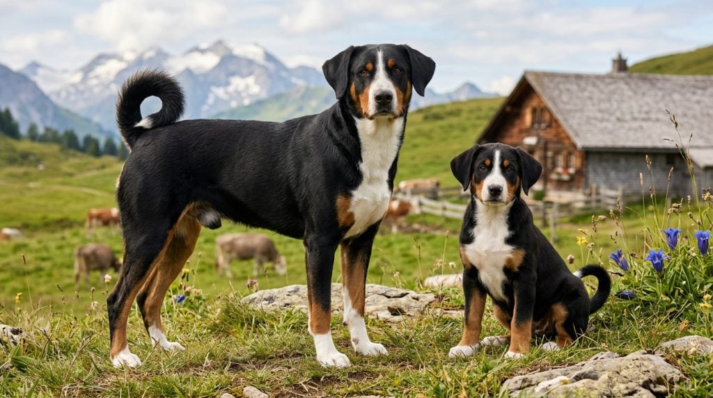 Adult Appenzeller Sennenhund standing in profile beside an Appenzeller Sennenhund puppy in a Swiss alpine meadow, showcasing the breed's athletic build, distinctive tricolour markings and tightly curled tail.