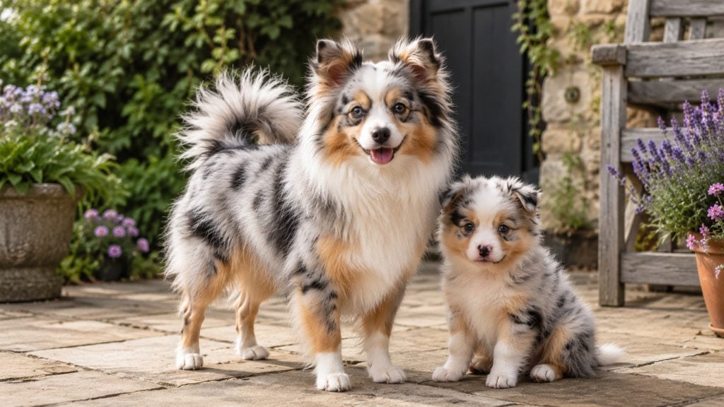 Adult Aussie Pom standing in profile beside an Aussie Pom puppy in a cottage garden courtyard, showcasing the breed's compact build, blue merle coat, fluffy double coat, fox-like face and plumed tail.