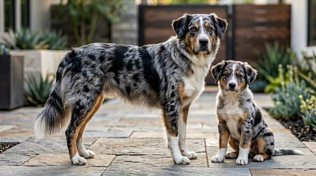 Adult Aussiedor standing in profile beside an Aussiedor puppy in a contemporary landscaped courtyard, showcasing the breed's athletic build, blue merle coat, friendly expression and Australian Shepherd–Labrador characteristics.