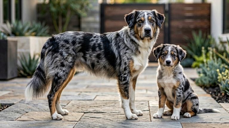 Adult Aussiedor standing in profile beside an Aussiedor puppy in a contemporary landscaped courtyard, showcasing the breed's athletic build, blue merle coat, friendly expression and Australian Shepherd–Labrador characteristics.