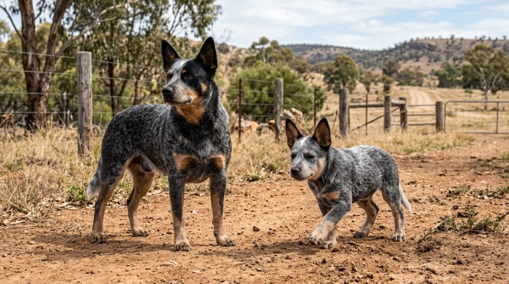 Adult Australian Cattle Dog with an Australian Cattle Dog puppy standing on a dusty rural farm track in the Australian outback.