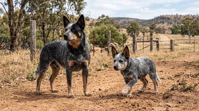 Adult Australian Cattle Dog with an Australian Cattle Dog puppy standing on a dusty rural farm track in the Australian outback.