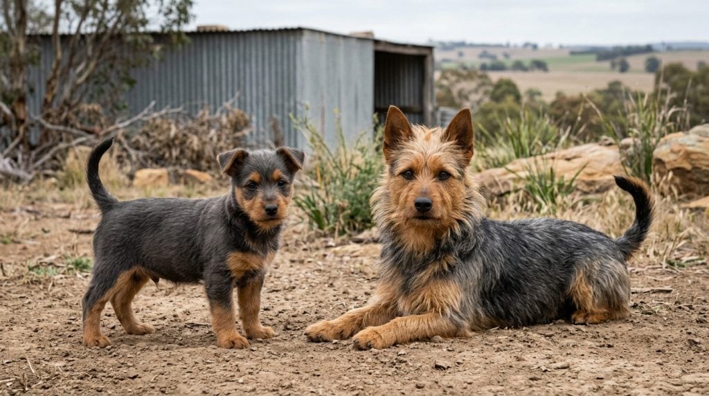 Adult blue-and-tan Australian Terrier lying beside a young puppy in a dry rural Australian farm setting.