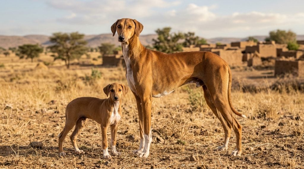 Adult Azawakh and young Azawakh puppy standing in a dry Sahel landscape with traditional mud-brick buildings and acacia trees in the background.