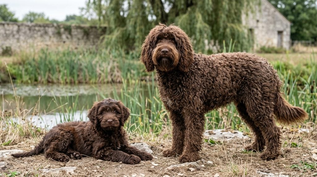 Adult chocolate-brown Barbet standing beside a young Barbet puppy near a pond on a French rural estate.