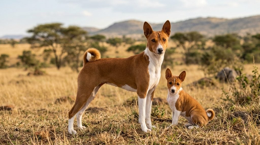 Adult Basenji and Basenji puppy standing together on an African savannah with acacia trees in the background, showcasing the breed's distinctive curled tails, upright ears and elegant athletic build.