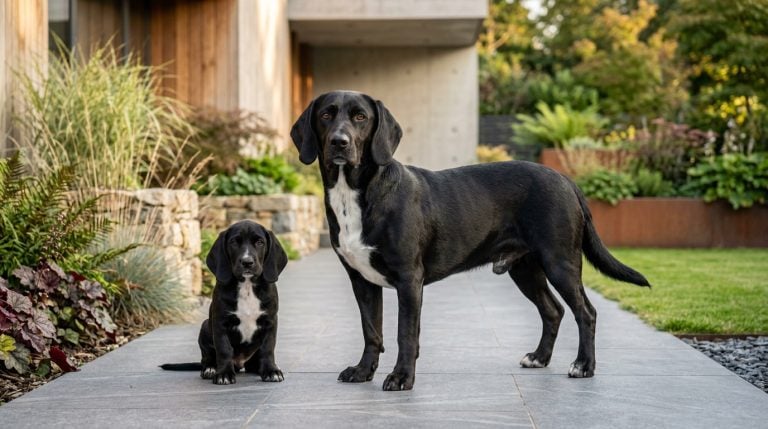 Adult Bassador standing beside a Bassador puppy in a contemporary landscaped garden, showcasing the breed's balanced Labrador and Basset Hound features, athletic build, short coat, expressive floppy ears and friendly family-dog character.