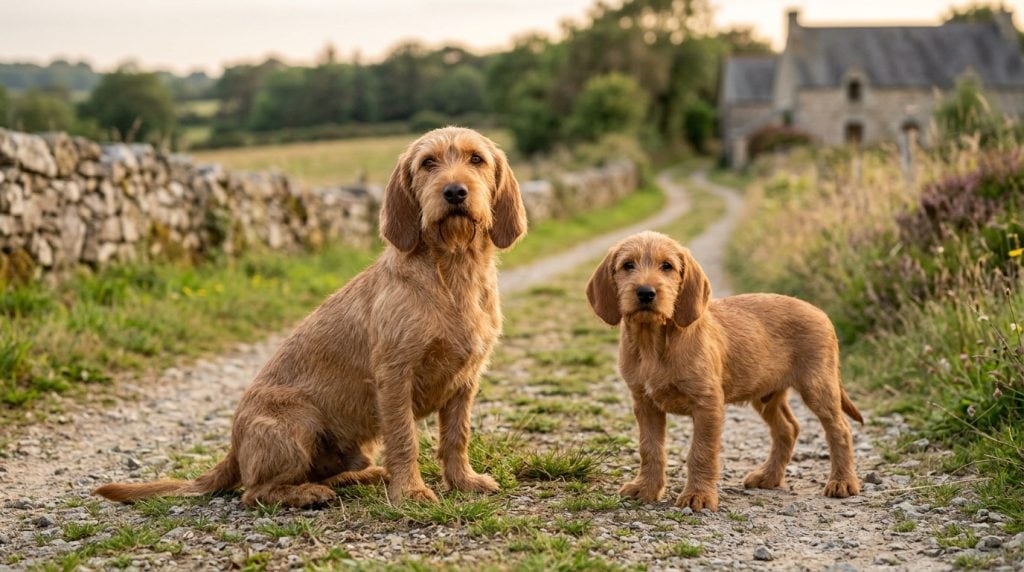 Adult and puppy Basset Fauve de Bretagne standing and sitting on a rural French country track with traditional stone walls and farmhouse in the background, showing the breed's harsh fawn wiry coat, long drop ears and compact athletic build.