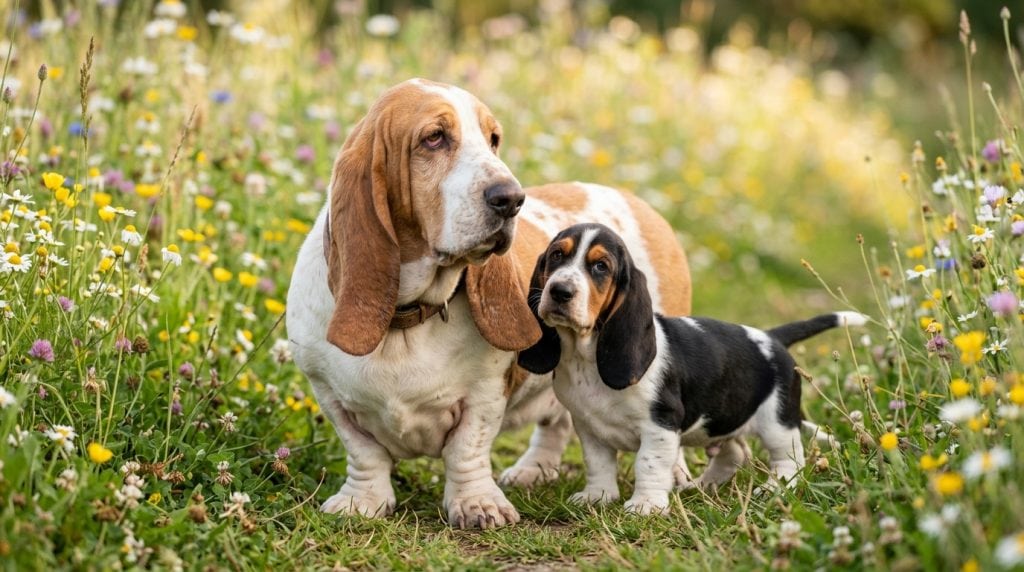 Adult Basset Hound with long ears standing in a wildflower meadow beside a Basset Hound puppy.