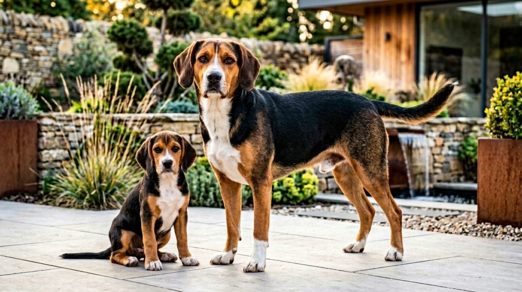 Adult Beagador standing beside a Beagador puppy in a contemporary landscaped garden, showcasing the breed's balanced Labrador Retriever and Beagle features, athletic build, classic tricolour coat and friendly family-dog temperament.