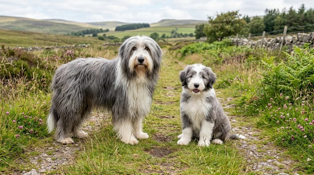 Adult Bearded Collie with a Bearded Collie puppy standing together in a natural grassy countryside setting looking toward the camera.