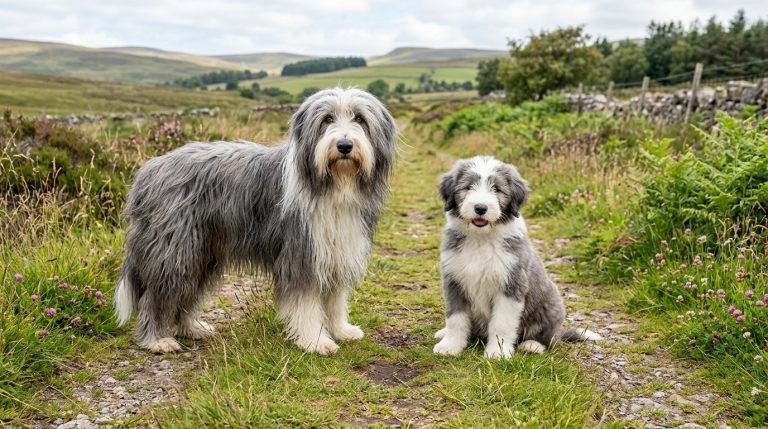 Adult Bearded Collie with a Bearded Collie puppy standing together in a natural grassy countryside setting looking toward the camera.