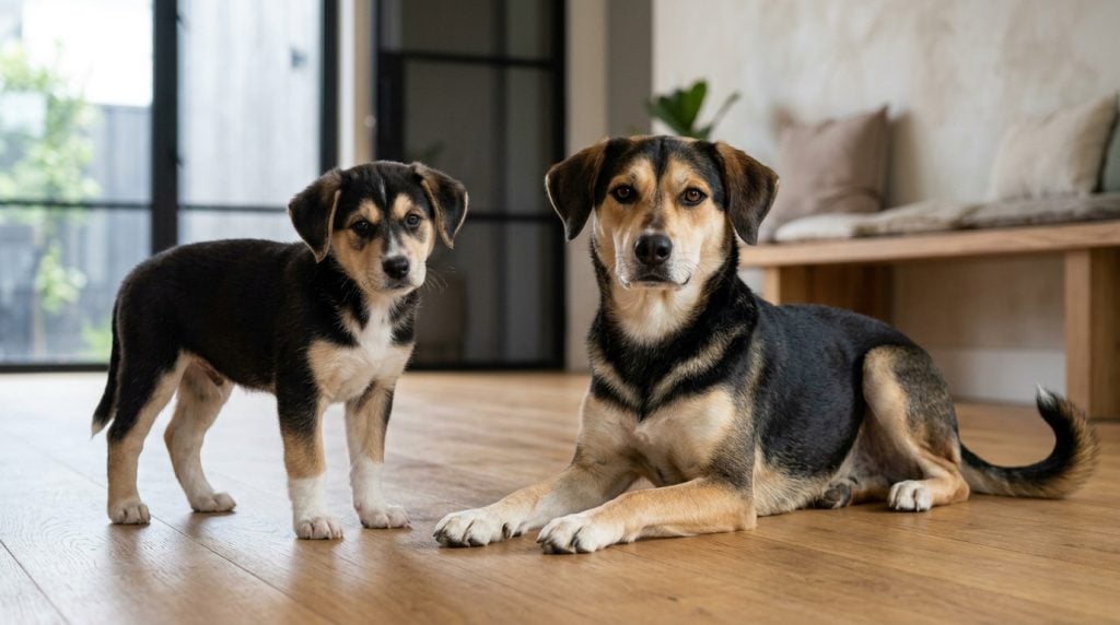 Adult Beaski lying beside a young Beaski puppy in a modern home interior