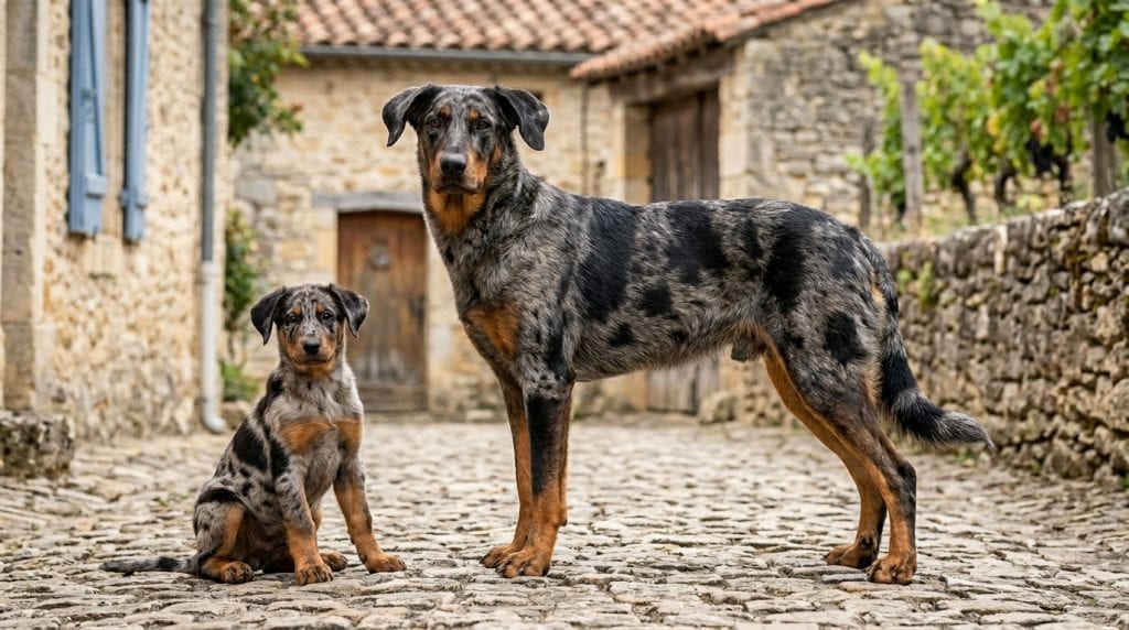 Adult Harlequin Beauceron and Beauceron puppy standing on a traditional French village lane with stone walls and vineyard scenery, showcasing the breed's distinctive silver-grey marbled coat and athletic build.