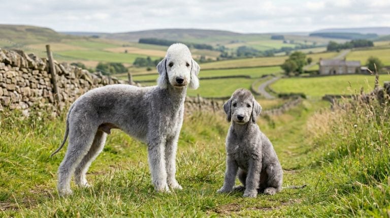 Adult Bedlington Terrier and Bedlington Terrier puppy in the Northumberland countryside, showing the breed's distinctive lamb-like appearance, arched topline and soft blue-grey coat.