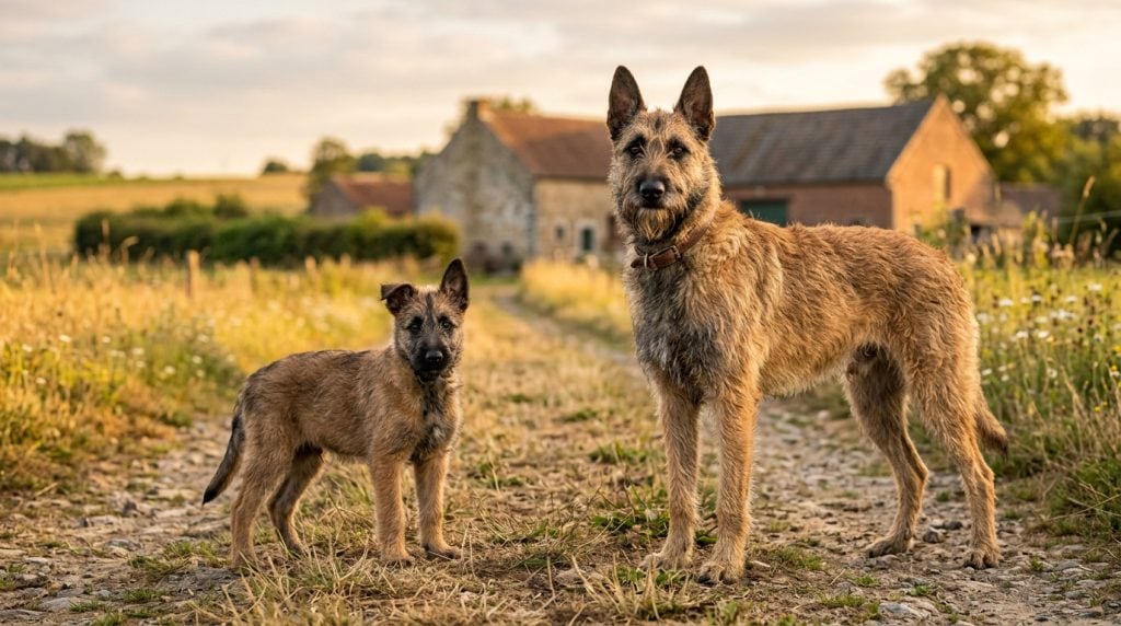 Lean Belgian Laekenois dog with a rough, wiry fawn coat and scruffy beard standing beside its slightly scruffy puppy in a rural countryside at golden hour.