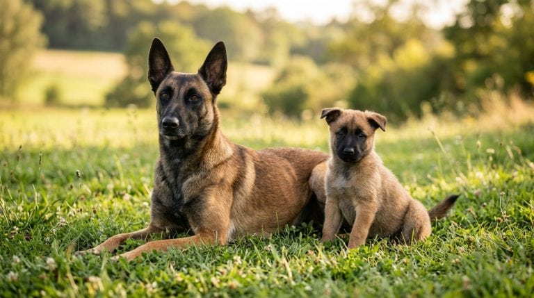 Adult Belgian Malinois lying on grass in a meadow beside a Malinois puppy.
