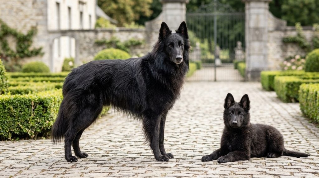 Adult Belgian Sheepdog and Belgian Sheepdog puppy standing in an elegant Belgian estate courtyard with cobbled paths and formal gardens, showcasing the breed's long black coat and refined build.