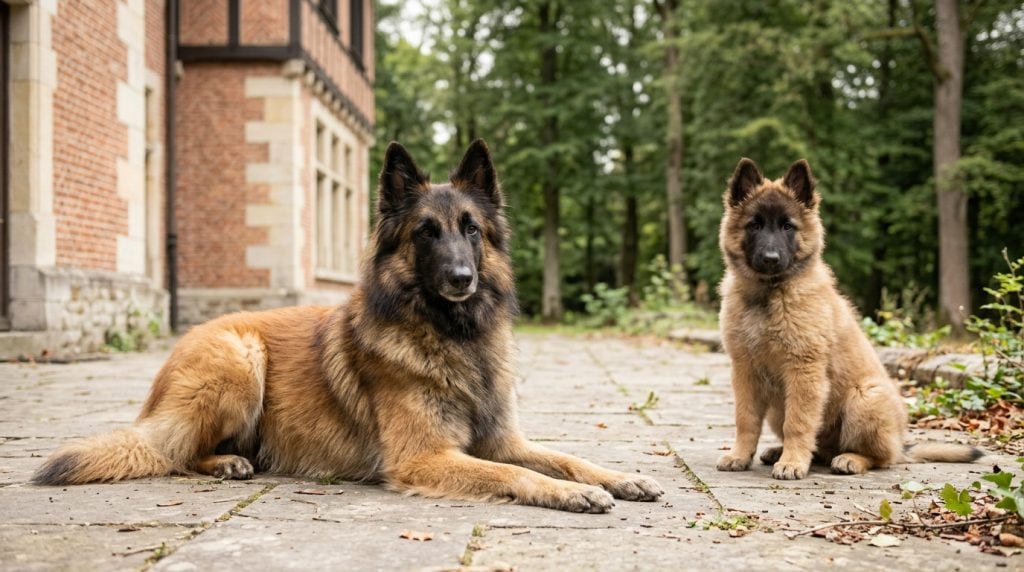 Adult fawn Belgian Tervuren reclining beside a fluffy young puppy outside a Flemish manor near woodland.