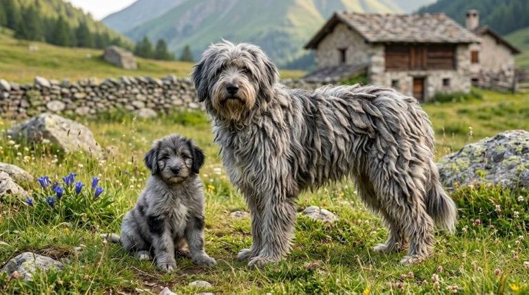 Adult Bergamasco Sheepdog standing beside a Bergamasco Sheepdog puppy in an Italian alpine meadow, showcasing the breed's distinctive felted flock coat, powerful herding build, calm expression and traditional mountain working heritage.