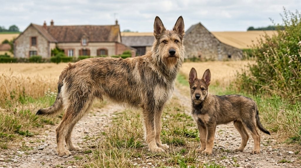 Adult Berger Picard and Berger Picard puppy standing on a rural farm track in northern France with wheat fields and traditional farm buildings, showcasing the breed's scruffy coat and erect ears.