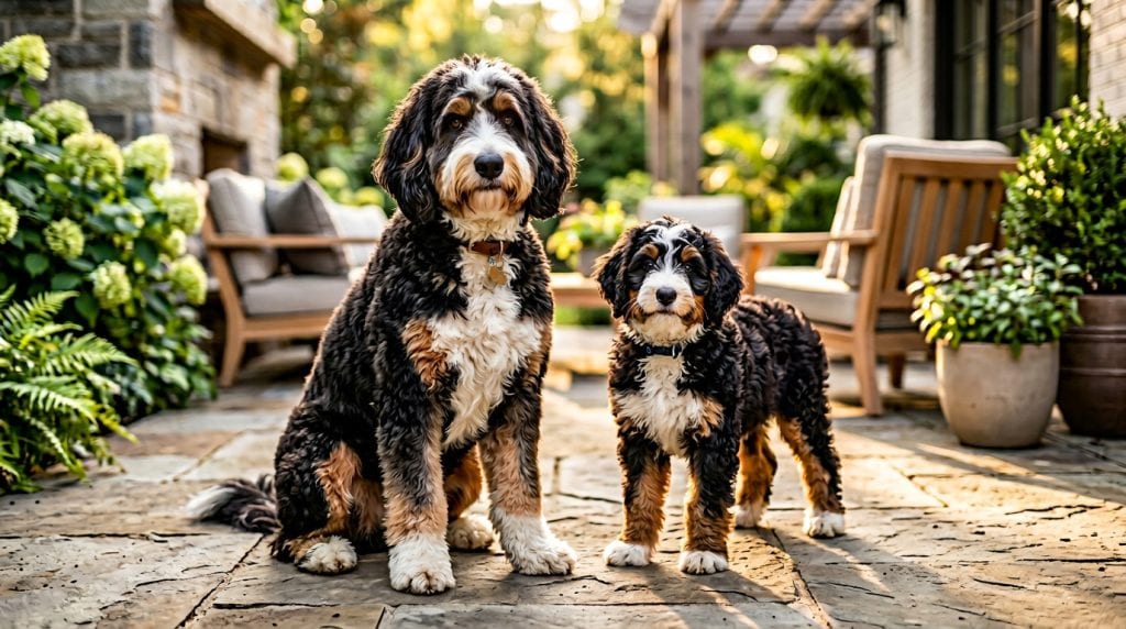 Adult Bernedoodle dog and Bernedoodle puppy standing together on a stone garden patio surrounded by lush greenery and outdoor furniture. Both dogs have fluffy wavy tri-color coats with black fur, white chest markings, and warm rust accents above the eyes and legs. The adult dog has a large teddy-bear face and gentle expression, while the puppy stands beside it with matching curly fur and playful companion-dog appearance.