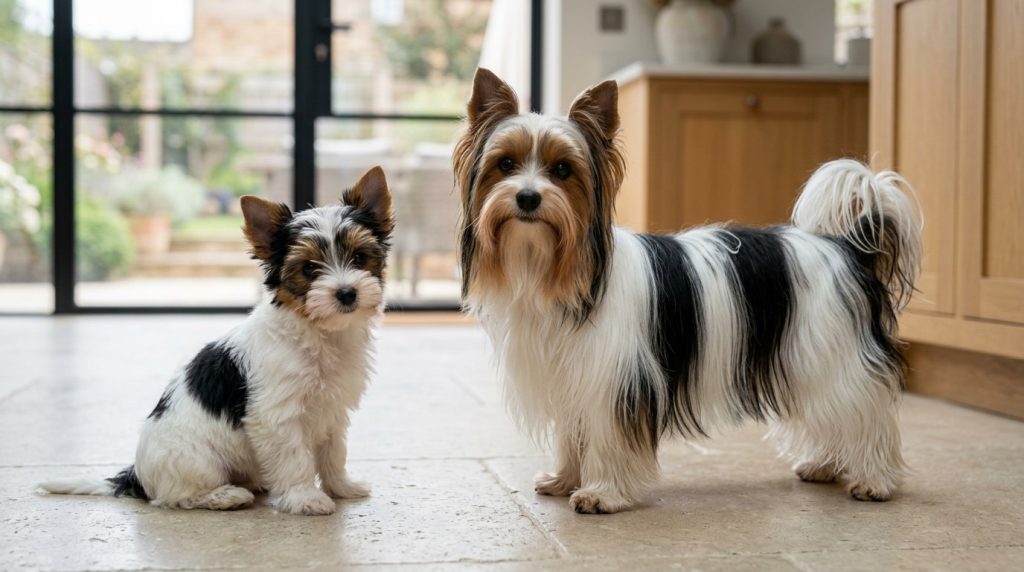Adult tricolour Biewer Terrier standing beside a young Biewer Terrier puppy in a modern home interior.