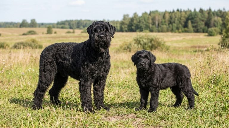 Adult Black Russian Terrier with a Black Russian Terrier puppy standing together in a natural grassy countryside setting looking toward the camera.