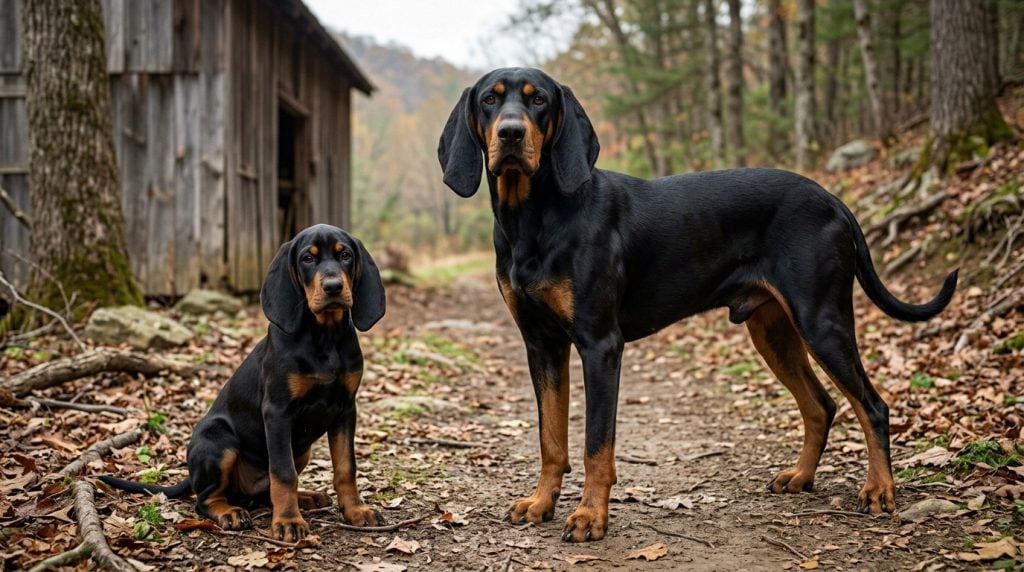 Adult Black and Tan Coonhound standing beside a young puppy on a woodland track near a timber barn.