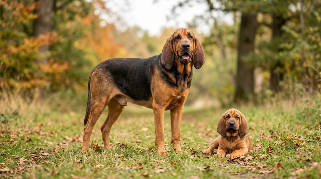 Adult Bloodhound standing beside a Bloodhound puppy in an autumn woodland path.