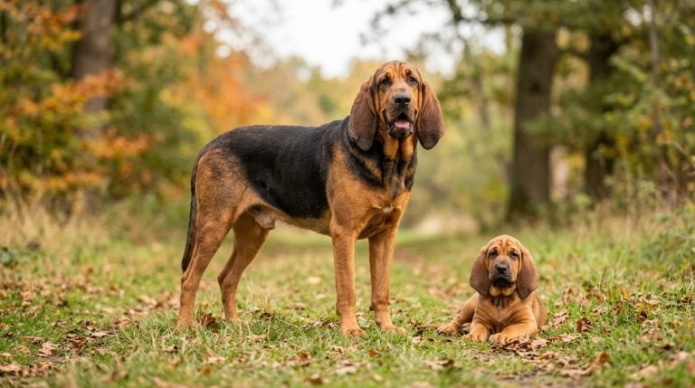Adult Bloodhound standing beside a Bloodhound puppy in an autumn woodland path.