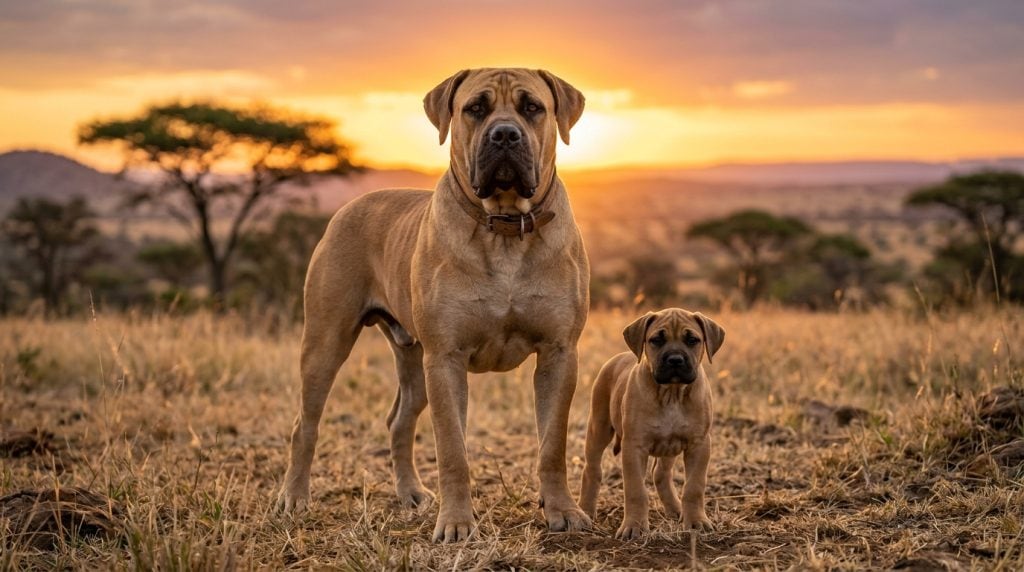 Adult Boerboel and puppy standing proudly in the center of a South African savannah at sunset, showing the breed’s massive muscular build, broad head, short fawn coat, and protective guardian expression.
